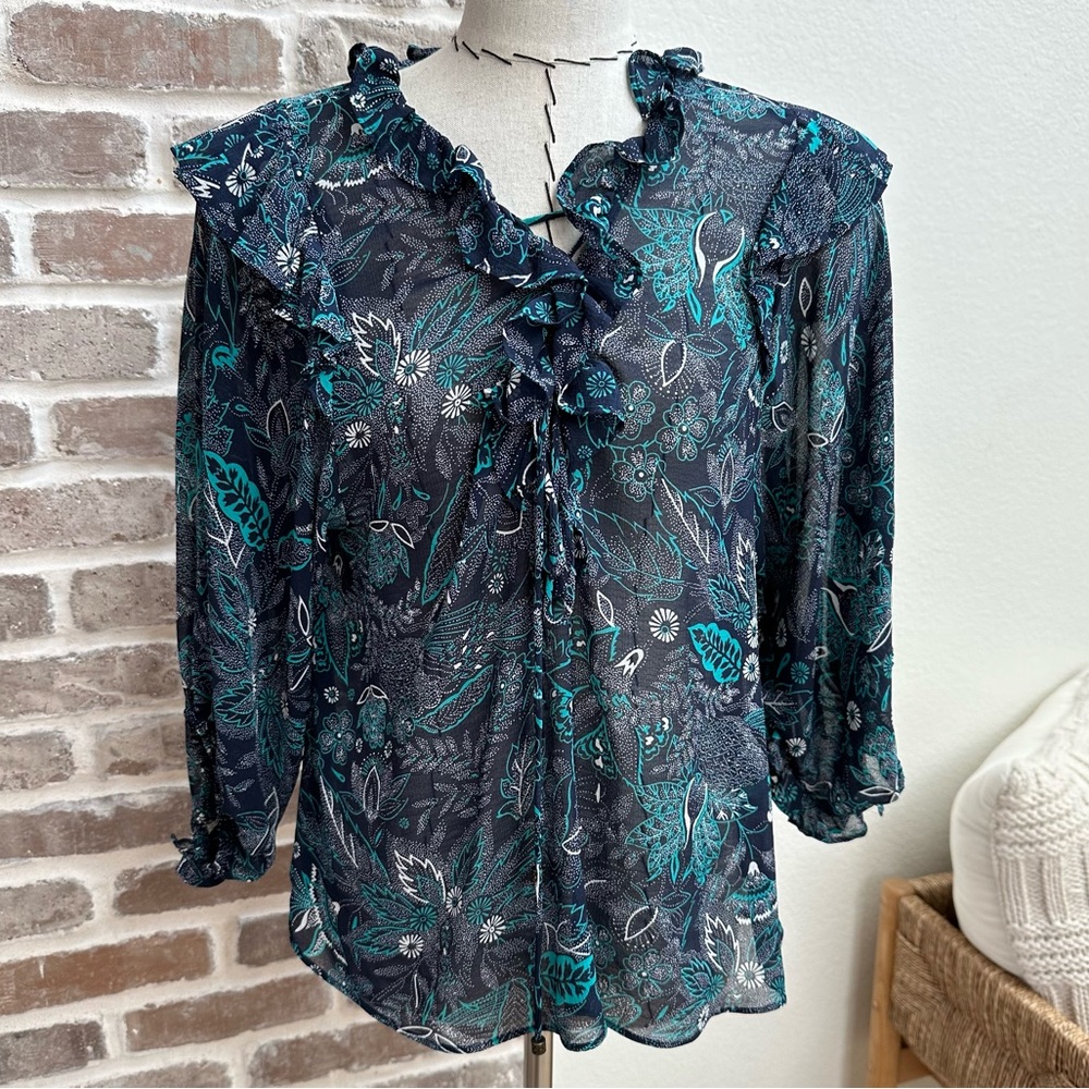 by Anthropology Blouse Women’s XS Sheer Ruffle Balloon Sleeve Top Navy Paisley